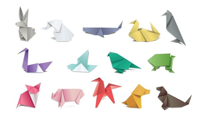 Bunte Origami-Tiere, darunter Vögel, Enten, Kaninchen und Hunde, aus Papier gefaltet.