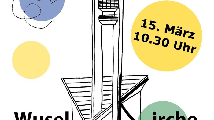 Plakat zur Einladung zum Gottesdienst mit einer Zeichnung einer Kirche und dem Wort **