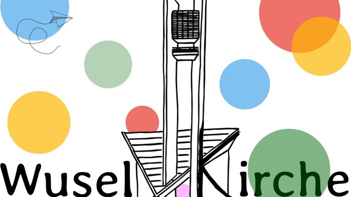 Logo für die Evangelische Jesus-Christus-Kirche in Bielefeld-Sennestadt mit einer stilisierten Kirche und bunten Punkten.