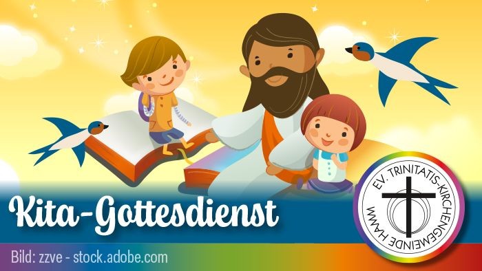 Illustrierter Kindergottesdienst mit einem bärtigen Mann und zwei Kindern, die ein Buch lesen und mit Spielzeugflugzeugen fliegen.
