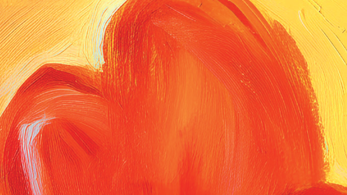 Abstraktes Gemälde mit kräftigen, expressiven Pinselstrichen in Orange und Gelb.