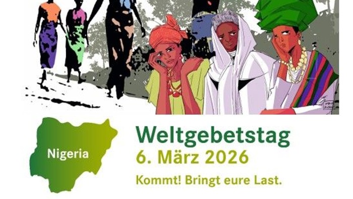 Plakat zur Förderung des Weltgebetstags von Nigeria am 6. März 2026 mit Kirchennews und einer Neujahrsbotschaft.