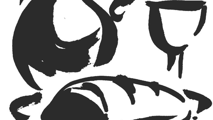 Ein Krug, eine Tasse und ein Brot sind skizzenhaft dargestellt