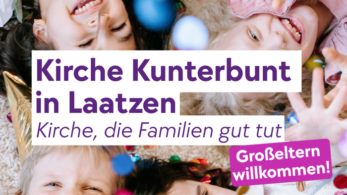 Bunte Kirchenveranstaltungsplakate, die Großeltern mit Oster- und Familienaktivitäten sowie Details zu Orten willkommen heißen.