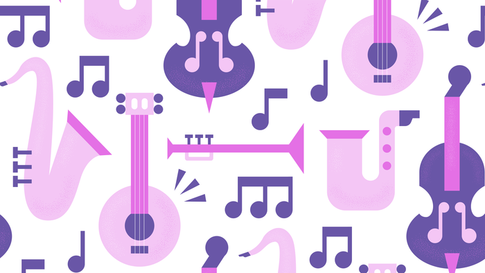 Farverige, stiliserede musikinstrumenter og noder skaber et livligt, abstrakt mønster.