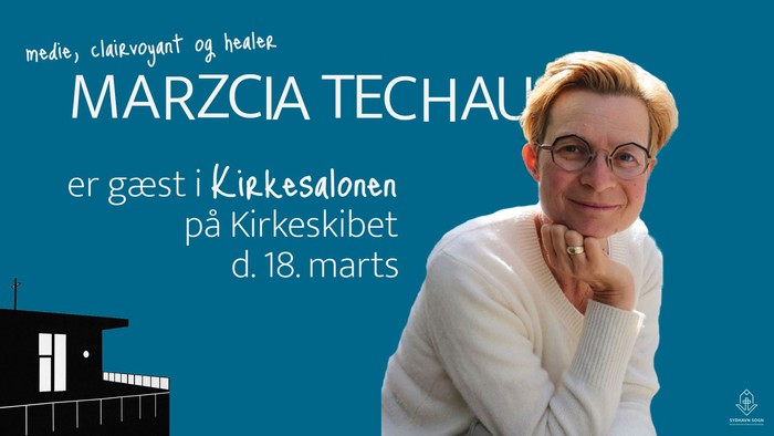 Reklameplakat for medium og helbreder Marzcia Techau, der optræder i Kirkesalonen den 18. marts.