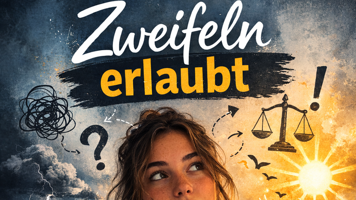 Eine nachdenkliche Frau erwägt Zweifel und Entscheidungen inmitten symbolischer Bilder von Wegen, Waagen und Blitzen.