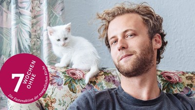 Ein Mann sitzt nachdenklich auf einem blumigen Sofa, neben ihm sitzt ein weißes Kätzchen, und wirbt für die Katzenvermittlung.