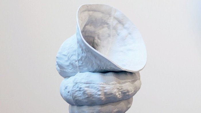 Abstrakte skulpturale Form, die einem stilisierten, texturierten menschlichen Torso mit übertriebenen, fließenden Kurven ähnelt.