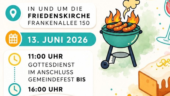 Plakat für ein Gemeindefest mit Ankündigung einer Kirchenveranstaltung mit Grillfest, Gottesdienst und Feier am 13. Juni 2026.