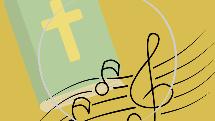 Kristent salmebog med noder, der strømmer ud af den, som symboliserer hellig musik.