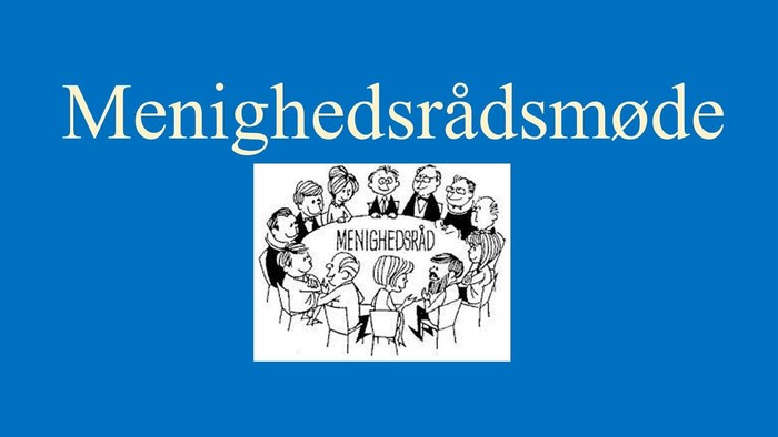 En tegning af en gruppe mænd i samtale, med teksten 