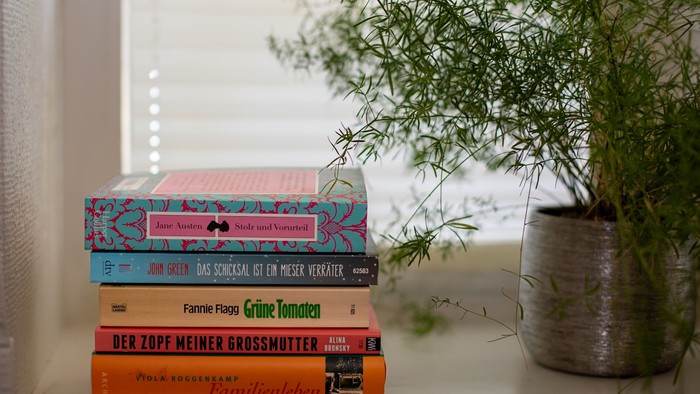 Ein Stapel bunter Bücher neben einer Topfpflanze auf einer Fensterbank.