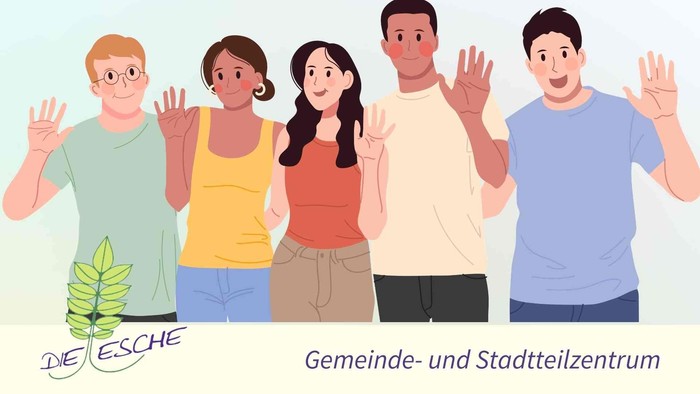 Illustrierte Gruppe winkt fröhlich mit dem Text „Gemeinde- und Stadtteilzentrum“ und dem Logo „Die Esche“.