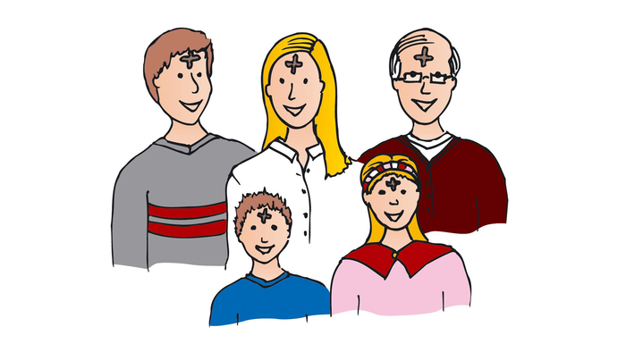 Eine fröhliche Familie mit fünf Personen in bunten Pullovern und medizinischen Kreuzen, die gemeinsam lächeln.