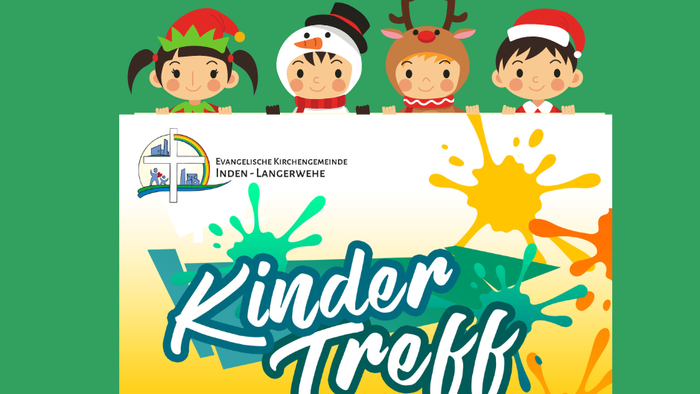 Vier Kinder in Weihnachtskostümen vor festlichem Hintergrund mit dem Text 