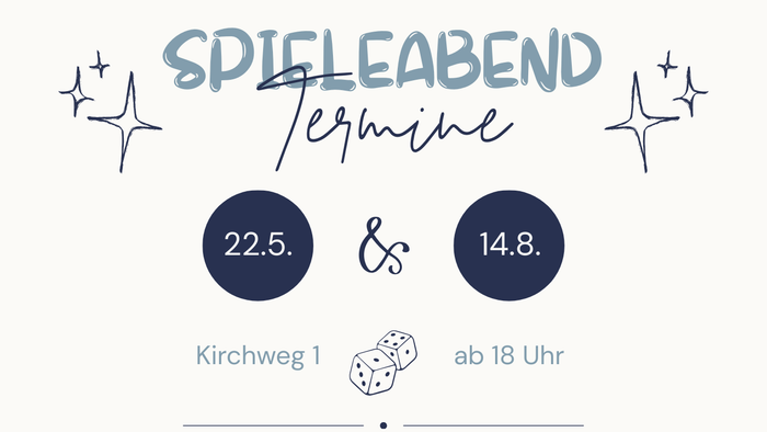 Ein Gemeinschafts-Spieleabend mit Terminen, Uhrzeiten und Ortsangaben zum gemeinsamen Brettspielen – inklusive Getränken und Snacks.