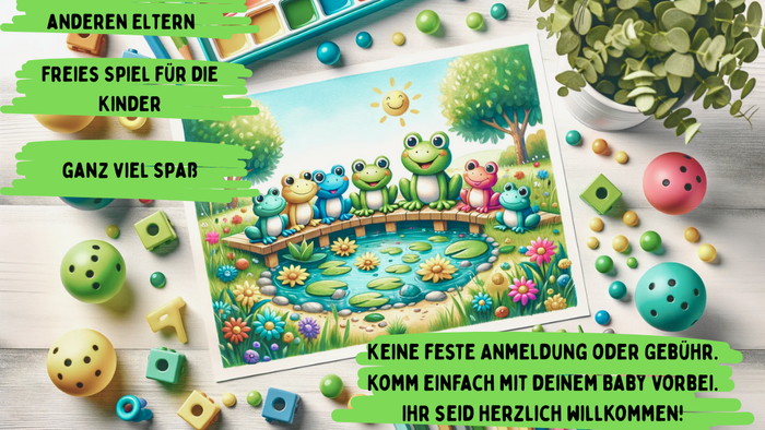 Ein buntes Plakat wirbt für eine kostenlose Spielgruppe für Babys im Pfarrsaal, montags von 10 bis 11 Uhr.