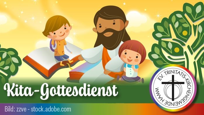 Illustrierter Kindergottesdienst mit einem bärtigen Mann und zwei Kindern, die ein Buch lesen, beschriftet mit „Kita-Gottesdienst“.
