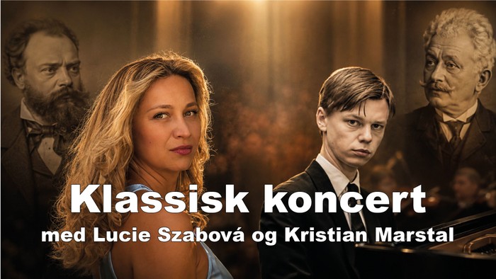 Reklameplakat for en klassisk koncert med optrædener af Lucie Szabó og Kristian Marstal sammen med historiske musikere.