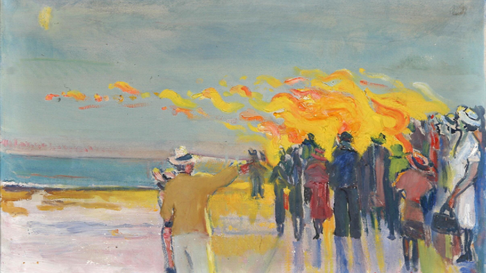 En maleri af en strand med en gruppe mennesker og en solopgang