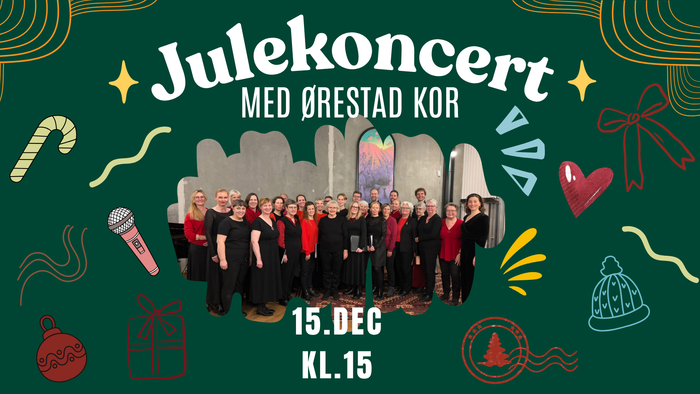 Julekoncertplakat med Ørestad Kor, der optræder den 15. december kl. 15.15.