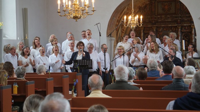 En kor sang i kirke med dirigent og publikum