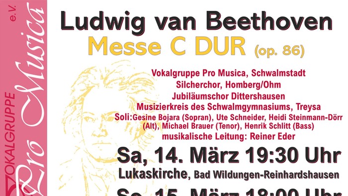 Plakat für Aufführungen von Beethovens „Messe in C-Dur“ mit Vokal- und Instrumentalensembles am 14.–15. März.