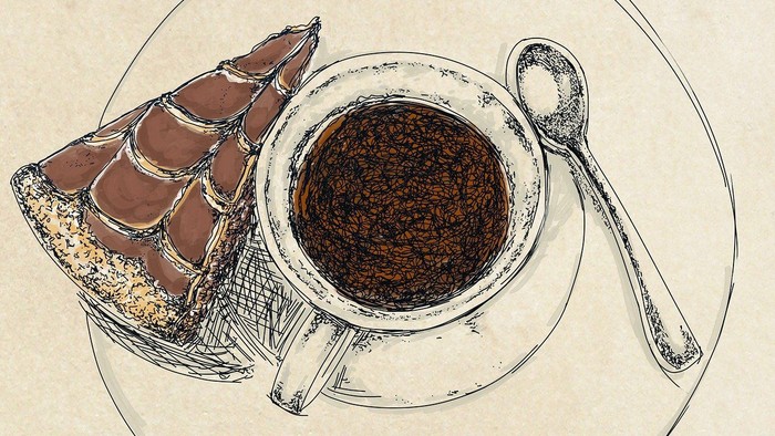 Eine Tasse Kaffee und ein Stück Kuchen auf einem Teller