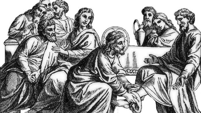 En gruppe disciple samles omkring Jesus under Nadveren, afbildet i en traditionel raderingstil.