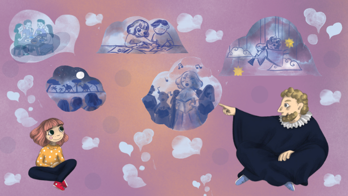 Lunefuld konge og barn interagerer med svævende, sky-lignende isformationer på en drømmende himmel.