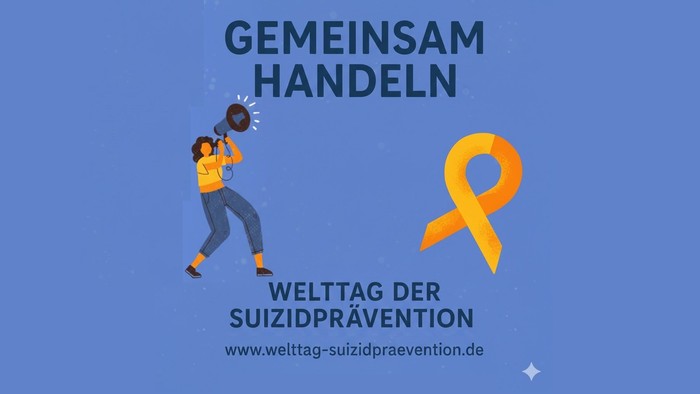 Bewusstseinsgrafik zum Welttag der Suizidprävention, die zu kollektivem Handeln mit einem Megafon und einem Band-Symbol aufruft.