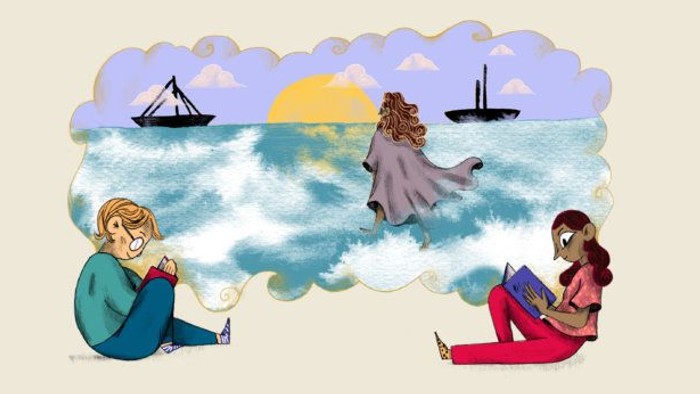 To personer læser bøger, mens en drømmende scene af en kvinde, der flyver over et roligt hav med skibe, svæver mellem dem.
