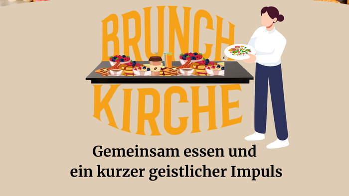 Brunchkirche, Tisch mit Frühstück und einer weiblichen Person, die etwas zum Tisch beisteuern möchte, Gemeinsam essen und ein kurzer geistlicher Impuls