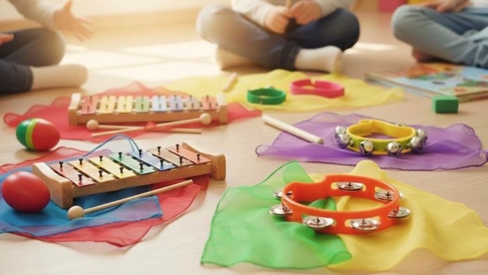 Bunte Musikinstrumente und Stoffstücke auf dem Boden für Kinder-Spielaktivitäten arrangiert.
