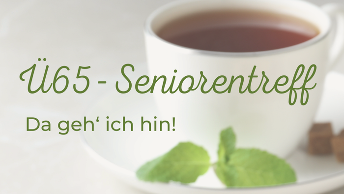 Einladungsplakat für ein geselliges Treffen für Senioren mit Essen sowie Angaben zu Zeit und Ort.