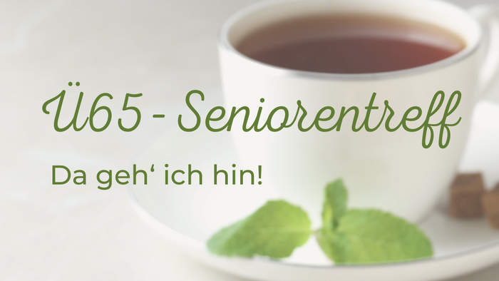 Einladungsplakat für ein geselliges Treffen für Senioren mit Essen sowie Angaben zu Zeit und Ort.
