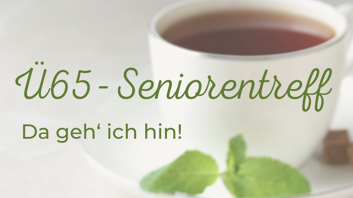 Einladungsplakat für ein geselliges Treffen für Senioren mit Essen sowie Angaben zu Zeit und Ort.