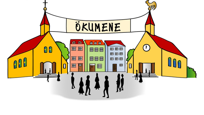 Illustration einer Dorfkirche mit Menschen davor, über der Kirche steht