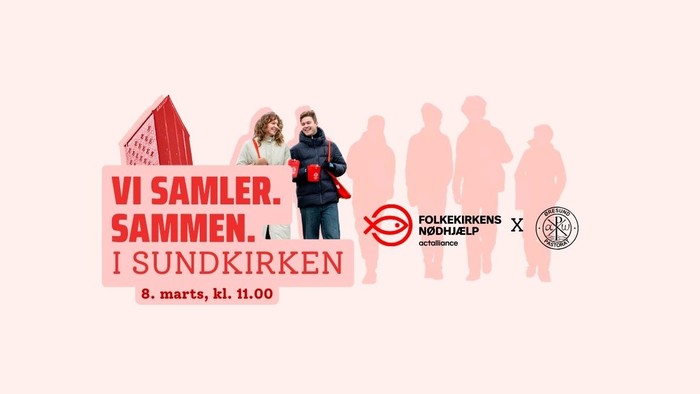Plakat til arrangement i Sundkirken den 8. marts kl. 11:00, der fremmer fællesskab og støtte i lokalsamfundet.
