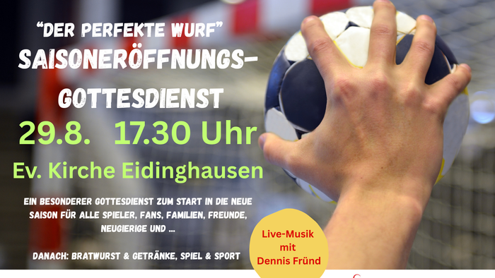 Plakat kündigt einen besonderen Eröffnungsgottesdienst der Saison mit Live-Musik, Sport und Essen am 29. August um 17:30 Uhr an.