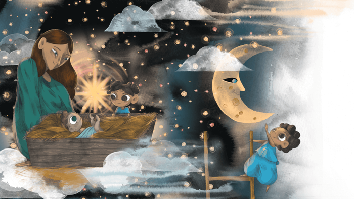 En fantasiful natscene med en kvinde i en båd omgivet af stjerneøjede væsener under en glødende måne.