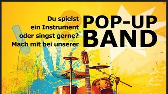 „Pop-up-Band-Workshop und Gemeinschaftsfestival – Ankündigung mit Gitarren- und Mikrofon-Grafik.“