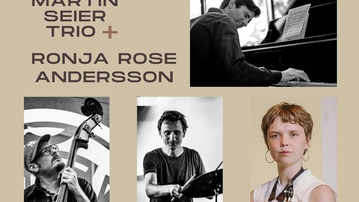 Reklameplakat for Martin Seier Trio med pianisten Ronja Rose Andersson og trioens medlemmer, der spiller cello og violin.