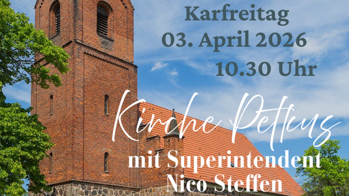 Gottesdienstankündigung für Karfreitag, den 3. April 2026, um 10:30 Uhr mit Superintendent Nico Steffen.