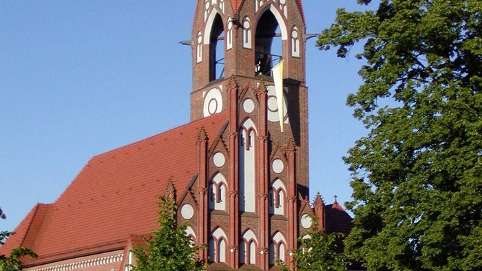 Kirchturm mit spitzem Dach und Uhr, umgeben von Bäumen