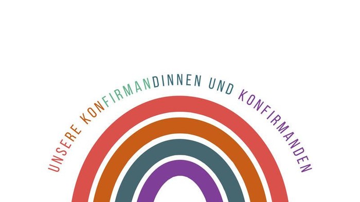 Bunte konzentrische Bögen mit dem deutschen Text „Unsere Konfirmandinnen und Konfirmanden“, was „Our confirmands“ bedeutet.