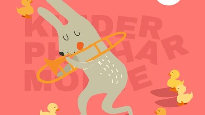 Ein verspieltes Kaninchen mit Enten auf einem lebendigen Poster für Kinderlieder in Kreuzberg, für Kinder von 3 bis 7 Jahren.