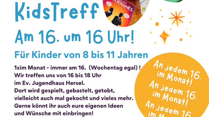 „Monatliches Kindertreffen für Kinder von 8 bis 11 Jahren – immer am 16. des Monats um 16 Uhr.“
