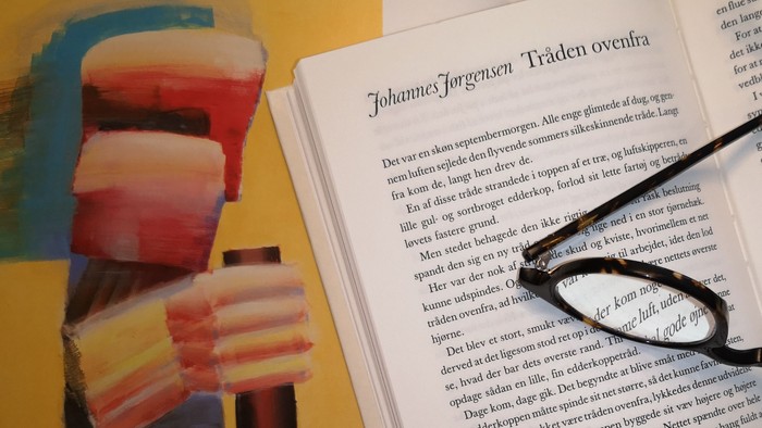 En bog med briller og en farverig objekt på en gul baggrund